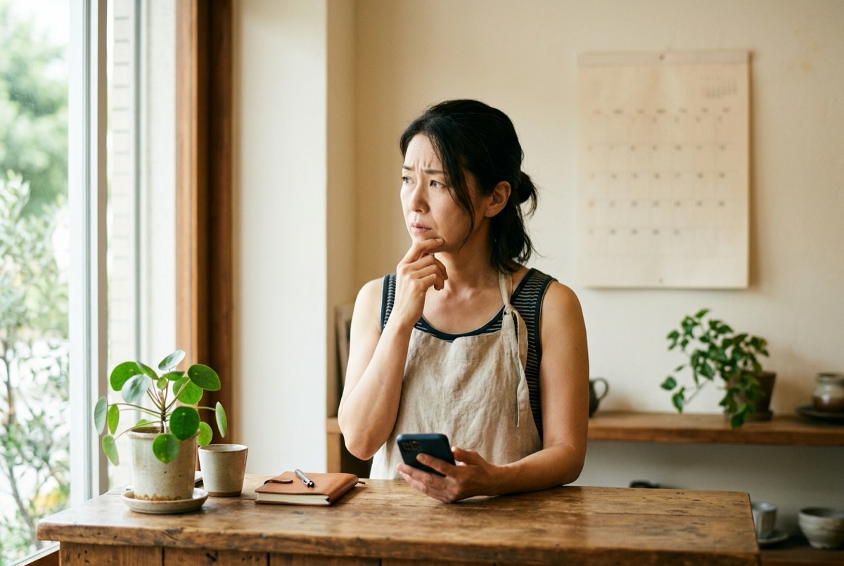 スマホを手に、窓の外を見ながら考え込むエプロン姿の店主