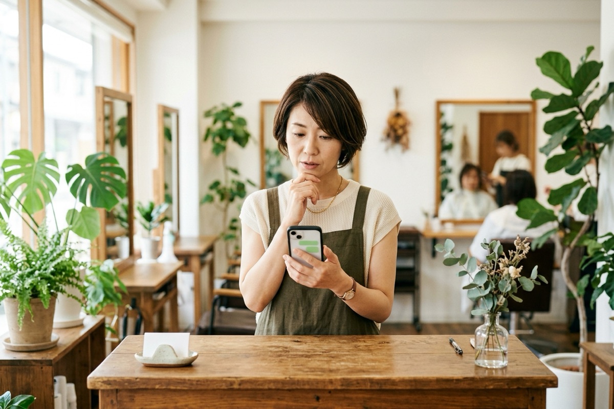 サロンの受付でスマートフォンを見て考え込む店主