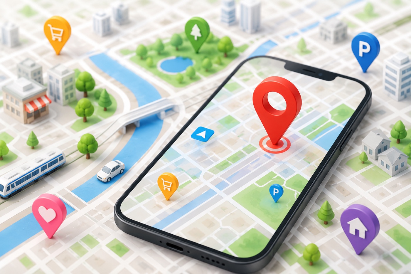 スマホでバス会社を地図検索するイメージ
