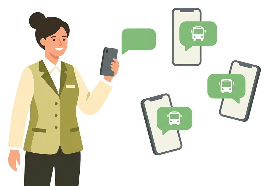 バス会社のスタッフがスマホからお客様へお知らせを配信しているイラスト