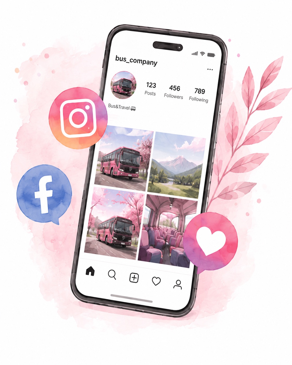 スマートフォンに映るInstagram画面の水彩イラスト