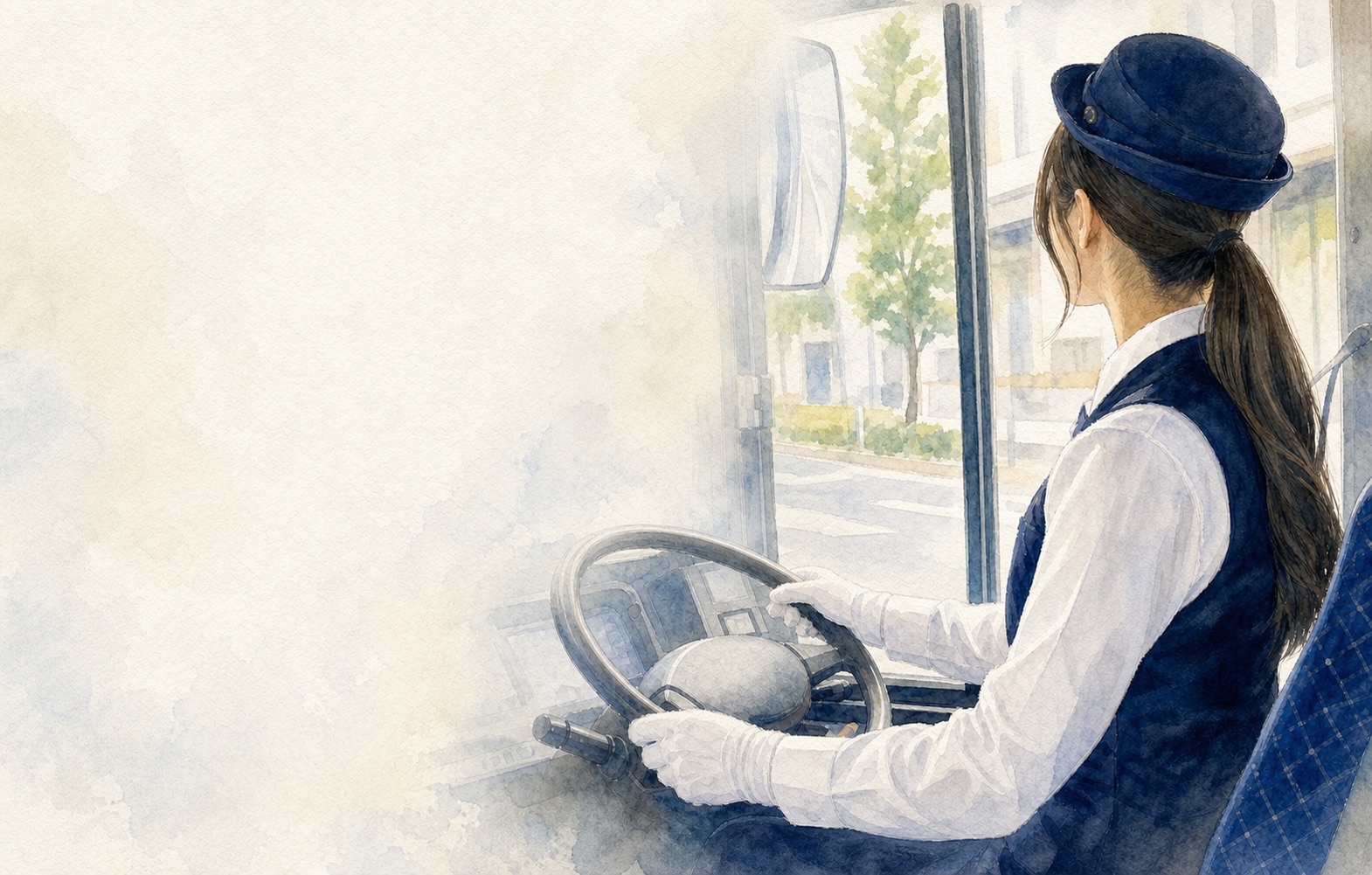 バスの運転席でハンドルを握る現役運転士の水彩画