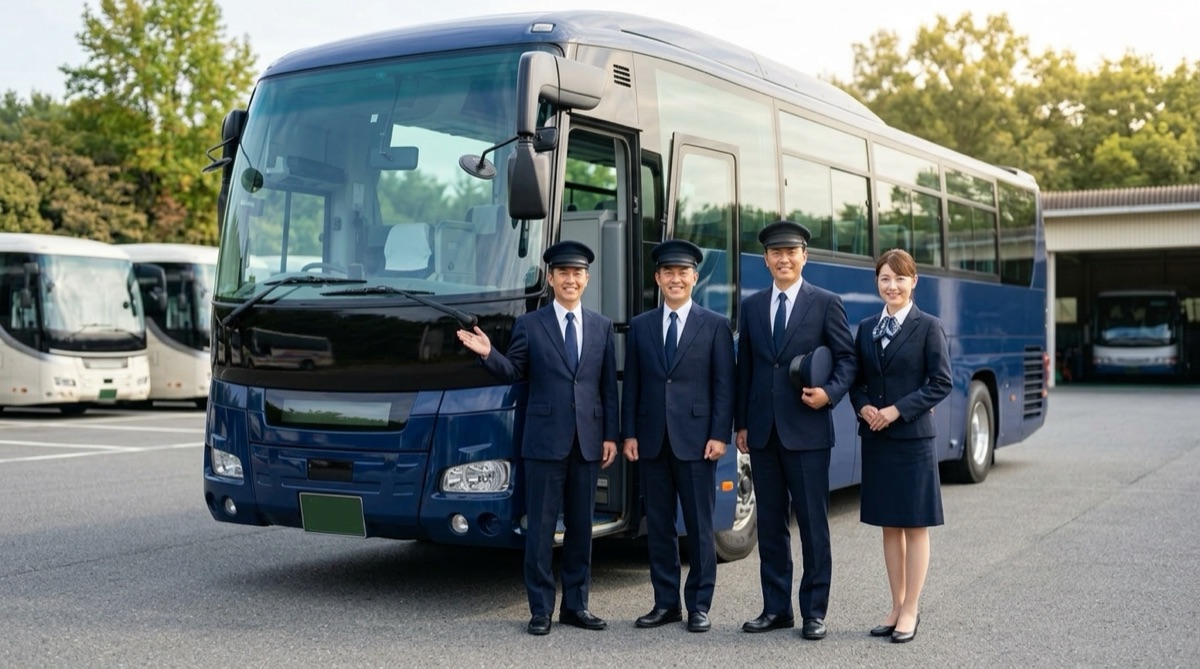 バスの前に並ぶ乗務員と受付スタッフ