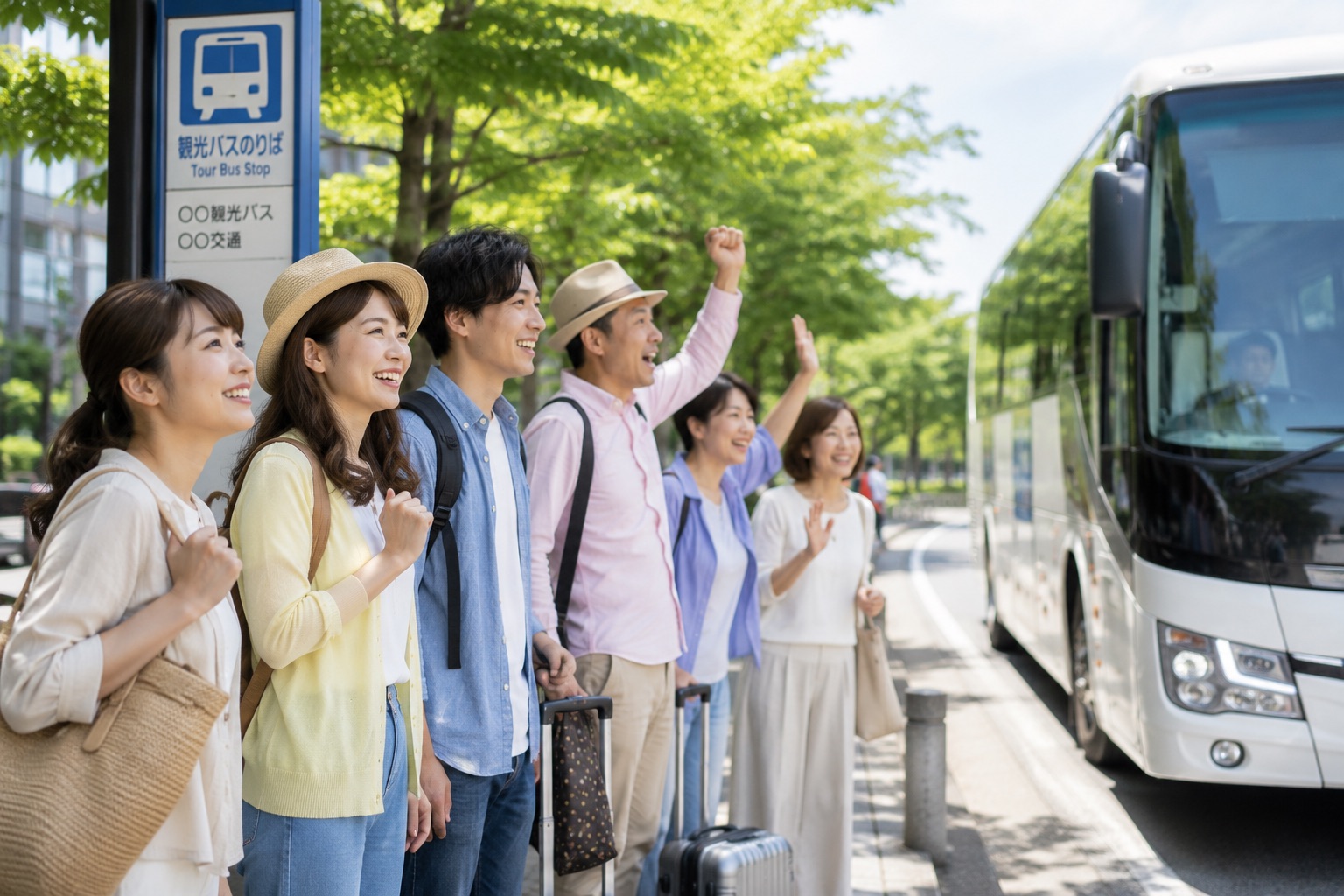 バス停でバスを待つ旅行グループ